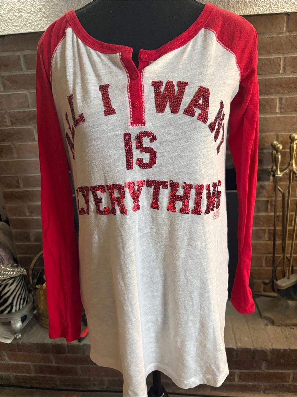 PINK Victoria's Secret White and Red Sequin Henley Sleep Tee